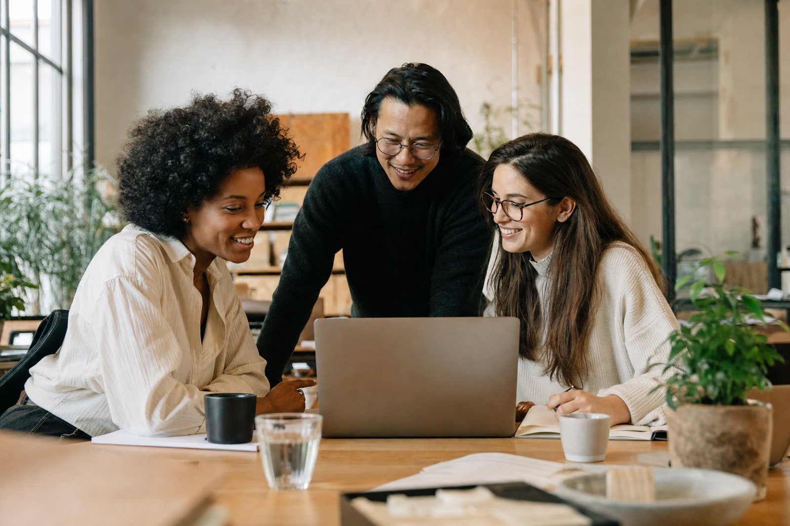 A small team collaborating around a laptop